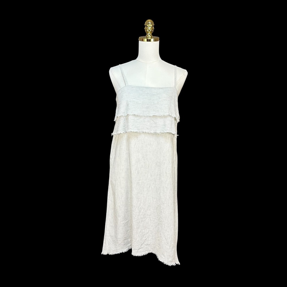Zara Basic Denim Pinstripe Tiered Ruffle Midi Dress White Navy Medium